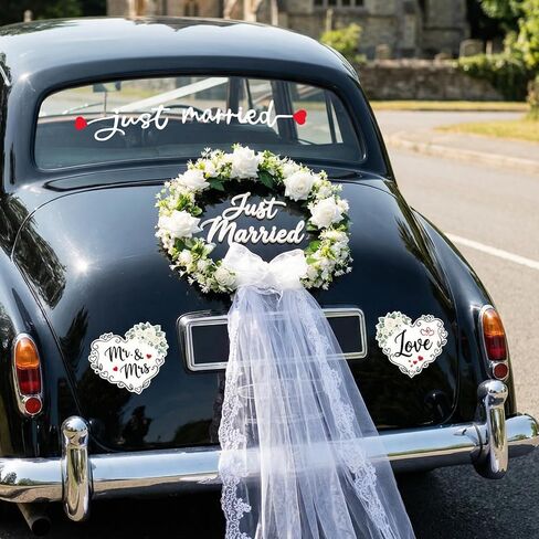 Just Married Car Decorations Set – White Floral Wreath with Long Tulle, Static-Cling Window Decal, Magnetic “Mr & Mrs" & “Love" Heart Signs – Elegant Wedding Getaway Car Decor Kit in Saudi Arabia