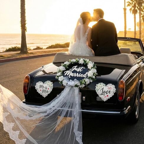 Just Married Car Decorations Set – White Floral Wreath with Long Tulle, Static-Cling Window Decal, Magnetic “Mr & Mrs" & “Love" Heart Signs – Elegant Wedding Getaway Car Decor Kit in Saudi Arabia