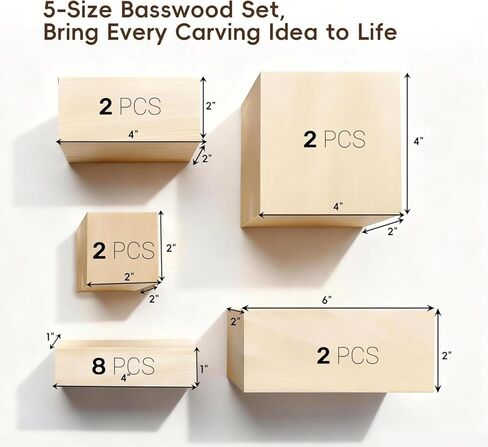 Basswood Carving Blocks: 16 Pieces in 5 Sizes with Oversized Blanks | Soft, Versatile Wood Blocks for All Your Whittling and Craft Projects ﻿ in Saudi Arabia