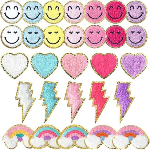 29 Pcs Chenille Letter Patches Self Adhesive Iron on Patch 3D Cute Embroidered Lightning Smile Face Heart Rainbow Applique Sewing Badges Patch for Fabric Clothing Jacket DIY in Saudi Arabia