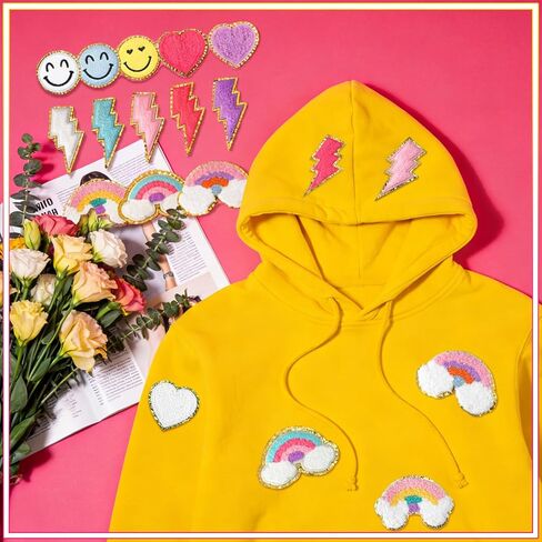 29 Pcs Chenille Letter Patches Self Adhesive Iron on Patch 3D Cute Embroidered Lightning Smile Face Heart Rainbow Applique Sewing Badges Patch for Fabric Clothing Jacket DIY in Saudi Arabia