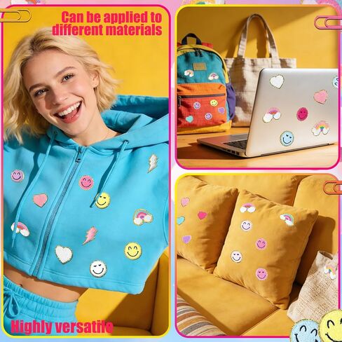 29 Pcs Chenille Letter Patches Self Adhesive Iron on Patch 3D Cute Embroidered Lightning Smile Face Heart Rainbow Applique Sewing Badges Patch for Fabric Clothing Jacket DIY in Saudi Arabia