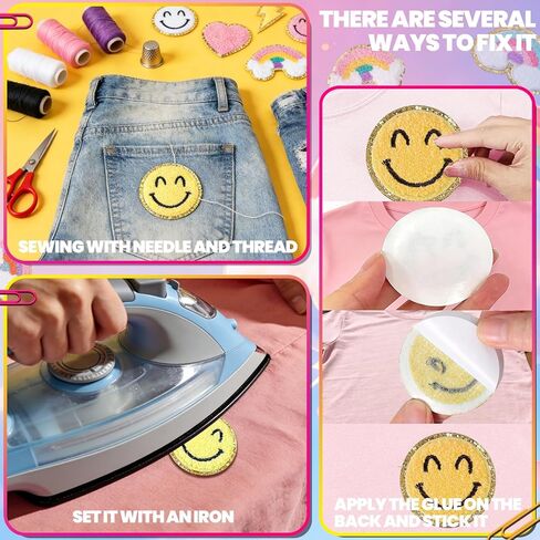 29 Pcs Chenille Letter Patches Self Adhesive Iron on Patch 3D Cute Embroidered Lightning Smile Face Heart Rainbow Applique Sewing Badges Patch for Fabric Clothing Jacket DIY in Saudi Arabia