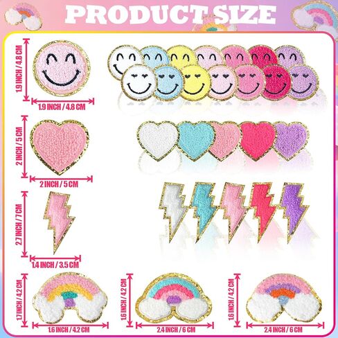29 Pcs Chenille Letter Patches Self Adhesive Iron on Patch 3D Cute Embroidered Lightning Smile Face Heart Rainbow Applique Sewing Badges Patch for Fabric Clothing Jacket DIY in Saudi Arabia