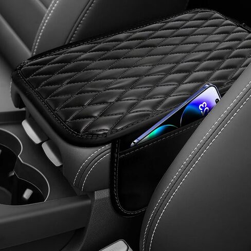 Car Center Console Cover, Armrest Covers for Car, Leather Armrest Seat Box Cover Protector with 2 Pockets Storage Bag, Middle Console Cover Stylish Car Decor for Sedans SUVs Trucks (Black) in Saudi Arabia
