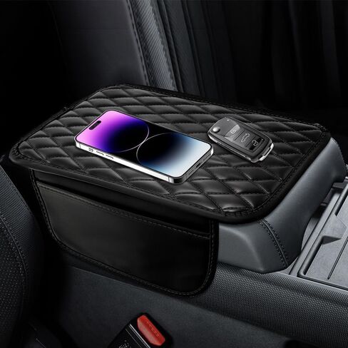 Car Center Console Cover, Armrest Covers for Car, Leather Armrest Seat Box Cover Protector with 2 Pockets Storage Bag, Middle Console Cover Stylish Car Decor for Sedans SUVs Trucks (Black) in Saudi Arabia