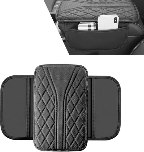 Car Center Console Cover with 2 Side Pockets, Memory Foam Comfort Stylish Leather Vehicle Elbow Protector Cushion, Breathable Scratch-resistant Arm Rest Seat Box Pad for Most Vehicles(Black) in Saudi Arabia