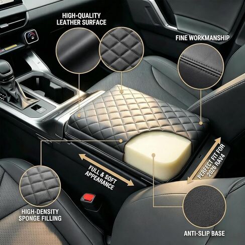 Center Console Armrest Cover, Soft Leather Cushion Pad with Thick Sponge Filling & Black Stitches, Waterproof Middle Console Box Lid Protector for Toyota RAV4 2026 (Black) in Saudi Arabia