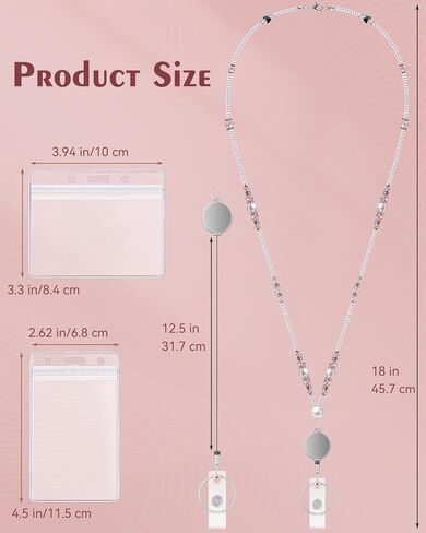 Uniclife Retractable Beaded Lanyard for ID Badges and Keys with ID Holder, Pearl & Crystal Lanyard, Cute Badge Lanyards for Women, Pink in Kuwait