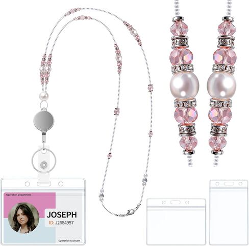 Uniclife Retractable Beaded Lanyard for ID Badges and Keys with ID Holder, Pearl & Crystal Lanyard, Cute Badge Lanyards for Women, Pink in Kuwait