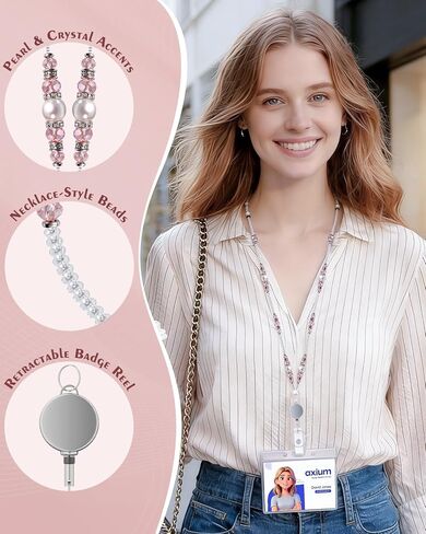 Uniclife Retractable Beaded Lanyard for ID Badges and Keys with ID Holder, Pearl & Crystal Lanyard, Cute Badge Lanyards for Women, Pink in Kuwait