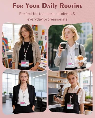 Uniclife Retractable Beaded Lanyard for ID Badges and Keys with ID Holder, Pearl & Crystal Lanyard, Cute Badge Lanyards for Women, Pink in Kuwait