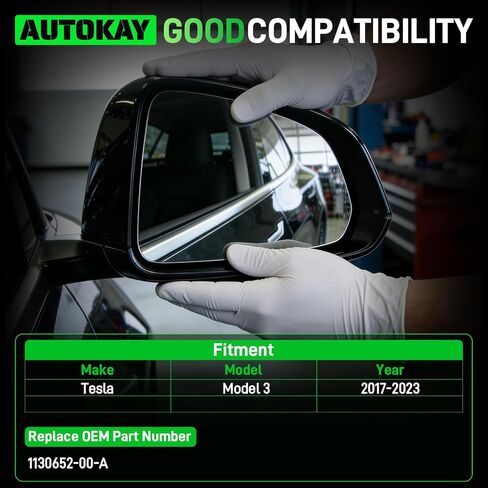 AUTOKAY Passenger Side Mirror Glass with Heated Fits for Tesla Model 3 2017-2023, Right Side Mirror Glass Replacement with Backing Plate, Passenger Side Exterior Rearview Mirror in Kuwait
