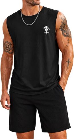 Mens Beach Summer 2 Piece Sets Palm Tree Vacation Tropical Graphic Tank Tops and Waffle Shorts Outfits (S-XXL) in Saudi Arabia