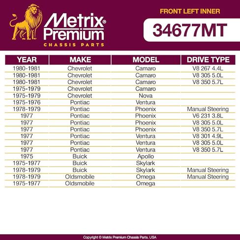 Metrix Premium Chassis Parts - Front Left Inner Tie Rod End Fits 75-81 Chevrolet Camaro, 75-79 Nova, 75-76 Pontiac Ventura, 77-79 Phoenix, 75 Buick Apollo, Replacement ES442L, Made in Europe in Kuwait