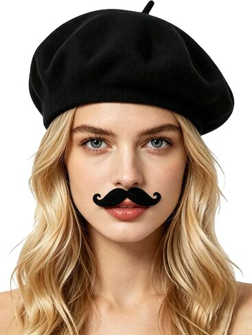 Frenchman Beret with Mustache Set for Women Men Halloween Mime Costume Cosplay French Style Beanie Caps in Saudi Arabia