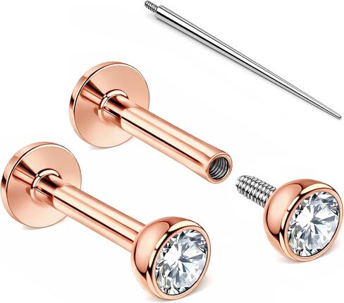 Internal Thread Earrings Flat Back Studs for Nose, Helix, Cartilage, Tragus, Conch, Labret, Medusa, Monroe, Lip Piercing Jewelry for Women - 316LVM Surgical Steel, AAAAA Cubic Zirconia (2pcs + Taper) in Saudi Arabia