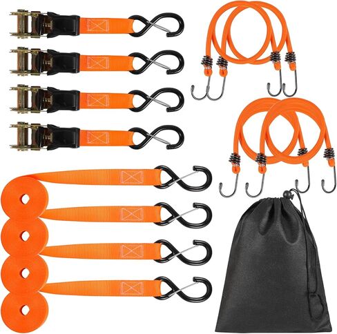 4 Pack Ratchet Straps Tie Downs Heavy Duty 1500 LBS Break Strength, Orange Tie Down Straps with S Hooks and Safety Clips, 4 Bungee Cords, Storage Bag for Motorcycle, Truck, Cargo, UTV, Trailer in Kuwait
