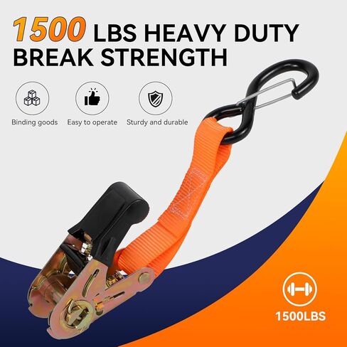4 Pack Ratchet Straps Tie Downs Heavy Duty 1500 LBS Break Strength, Orange Tie Down Straps with S Hooks and Safety Clips, 4 Bungee Cords, Storage Bag for Motorcycle, Truck, Cargo, UTV, Trailer in Kuwait
