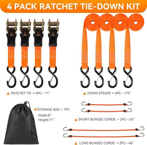 4 Pack Ratchet Straps Tie Downs Heavy Duty 1500 LBS Break Strength, Orange Tie Down Straps with S Hooks and Safety Clips, 4 Bungee Cords, Storage Bag for Motorcycle, Truck, Cargo, UTV, Trailer in Kuwait