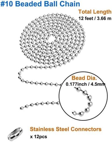 12 Feet 4.5mm Beaded Ball Chain with 12Pcs Connectors for Pull Chains Extension, #10 Pull Chain Repair Kit, DIY Chain for Crafts(Silver) in Saudi Arabia