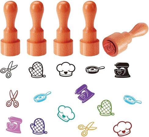 AHANDMAKER 5 Styles Baking Theme Wooden Rubber Stamps, Kitchen Supplies Mini Round Stamp Stand Mixer, Chef Hat, Cooking Utensils Patterns Wood Stamps for DIY Crafts Scrapbooking Card Making Planner in Kuwait