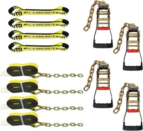 8 Point Roll Back Vehicle Tie Down Kit 12 Pcs,2" x 16' Tie Down Strap W/Chain Extension Ends, 2"x16" Sewn Eye Loop Short Strap, 4.3'' Ratchet with Chain Extension Ends(Tow Strap Kit) in Saudi Arabia