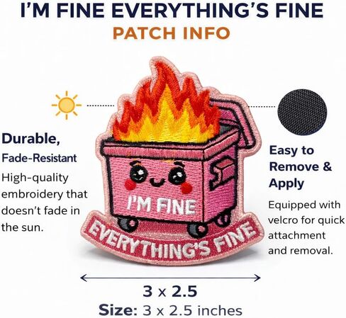 I'm Fine Everything's Fine Funny Morale Patch - Meme Pink Dumpster Fire Hook and Loop Patches for Backpacks, Gift, DIY Applique Accessories, Trucker Hats, Clothes, Dog Vest Size 3 x 2.5 Inches in Saudi Arabia