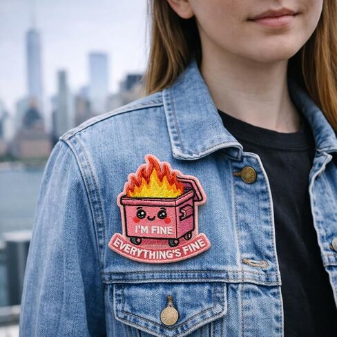 I'm Fine Everything's Fine Funny Morale Patch - Meme Pink Dumpster Fire Hook and Loop Patches for Backpacks, Gift, DIY Applique Accessories, Trucker Hats, Clothes, Dog Vest Size 3 x 2.5 Inches in Saudi Arabia