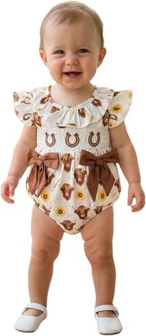 Emmababy Cow Print Smocked Romper Baby Girl Cow Clothes Western Short Sleeve Bodysuit Bow Jumpsuit Newborn Cowgirl Outfit in Kuwait