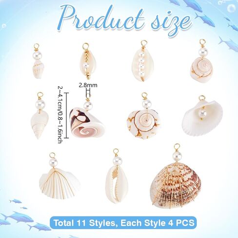 ph pandahall 44pcs المعلقات قذيفة الطبيعية 11 أنماط المحيط شاطئ صدف سحر مع سلك اللؤلؤ ملفوفة البطلينوس قذيفة البقر تتدلى الخرز مع حلقة لأقراط قلادة الصيف حورية البحر صنع المجوهرات in Kuwait