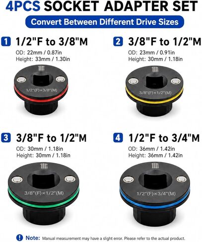 Low Profile Socket Adapter Set, 4-Piece Impact Socket Adapter Kit, Magnetic Ratchet Converter, Color-Coded Cr-Mo Steel for Tight Spaces in Kuwait