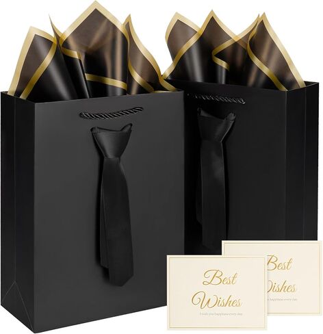 Fathers Day Gift Bags with Handles and necktie,2 Pcs small gift bags with 2 Tissue Paper and 2 cards for Men Boys Birthday Party Graduations Wedding Teacher Gifts,7.9 x 4 x 11 In(Small black/Blue) in Saudi Arabia