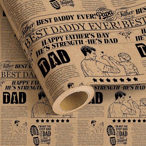 Dlyrroba Vintage Newspaper Father's Day Wrapping Paper Roll - Rustic Retro Design Kraft Gift Wrap for Dad Grandpa Husband 17 Inch x 16.5 Feet in Saudi Arabia