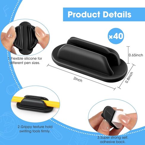 VZZNN 40 PCS Adhesive Pencil Holders, Silicone Marker Organizer for Desk, Notebook, Wall or Clipboard, Reusable Teacher Supplies for Classroom, Office, School Accessories (Black) in Kuwait