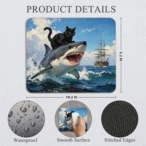 Funny Cat Mouse Pad - Black Cat Shark Desk Decor, Nautical Cats Gifts, Square Waterproof Non-Slip Rubber Base Funny Nautical Anime Mousepad for Computers Office 7.9x9.5 Inch in Saudi Arabia