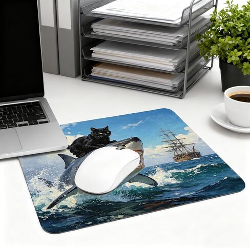 Funny Cat Mouse Pad - Black Cat Shark Desk Decor, Nautical Cats Gifts, Square Waterproof Non-Slip Rubber Base Funny Nautical Anime Mousepad for Computers Office 7.9x9.5 Inch in Saudi Arabia