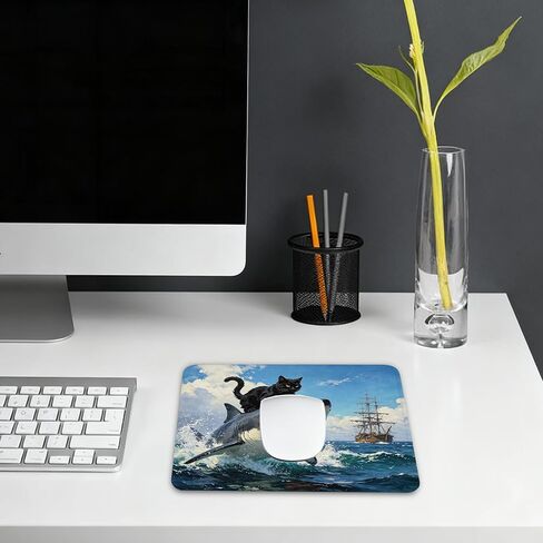 Funny Cat Mouse Pad - Black Cat Shark Desk Decor, Nautical Cats Gifts, Square Waterproof Non-Slip Rubber Base Funny Nautical Anime Mousepad for Computers Office 7.9x9.5 Inch in Saudi Arabia