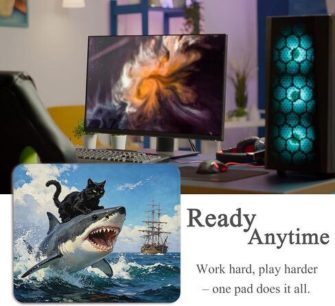 Funny Cat Mouse Pad - Black Cat Shark Desk Decor, Nautical Cats Gifts, Square Waterproof Non-Slip Rubber Base Funny Nautical Anime Mousepad for Computers Office 7.9x9.5 Inch in Saudi Arabia