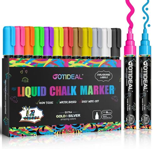 GOTIDEAL Liquid Chalk Markers, 12 Colors Premium Window Chalkboard Neon Pens, Including 2 Metallic Colors, Painting and Drawing for Kids and Adults, Bistro & Restaurant, Wet Erase - Reversible Tip in Saudi Arabia