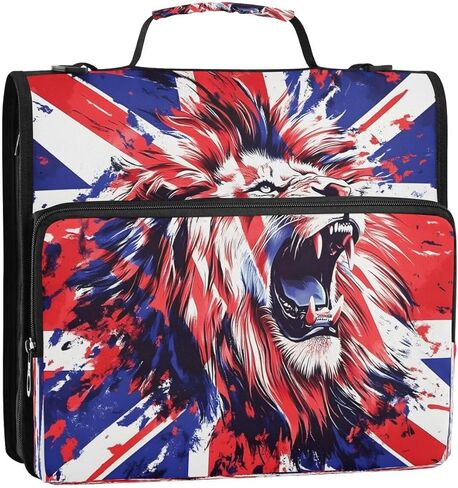 ALAZA Union Jack العلم البريطاني الأسد سحاب الموثق 3 حلقات الموثق المنظم مع سحاب وحزام الكتف سعة كبيرة متعددة جيب للعمل اللوازم المكتبية in Kuwait