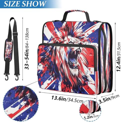 ALAZA Union Jack العلم البريطاني الأسد سحاب الموثق 3 حلقات الموثق المنظم مع سحاب وحزام الكتف سعة كبيرة متعددة جيب للعمل اللوازم المكتبية in Kuwait