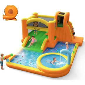 AirMyFun Water Slides for Kids Backyard, 9 in 1 Water Bounce House for Kids Backyard with Slide, Large Deep Pool, Climbing Wall, Water Cannon, Basketball Hoop, Inflatable Water Park with Blower in Saudi Arabia