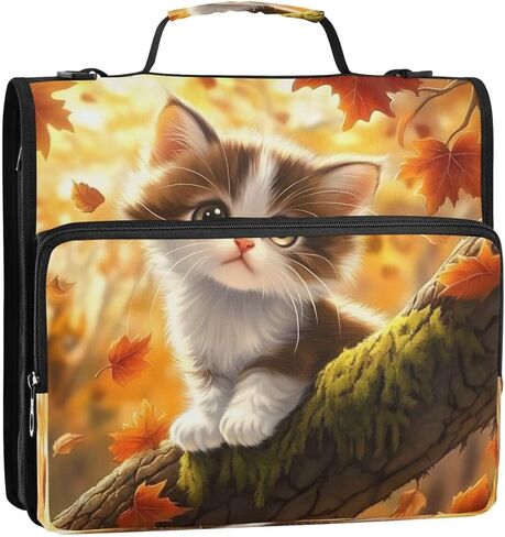 ALAZA Funny Kitten Cat Maple Leaf Zipper Binder 3 Ring Binder Organizer with Zipper and Shoulder Strap Large Capacity Multi-Pocket for Office Supplies Work in Kuwait