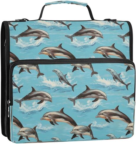 ALAZA Sea Ocean Dolphin Fish Zipper Binder 3 Ring Binder Organizer with Zipper and Shoulder Strap Large Capacity Multi-Pocket for Office Supplies Work in Kuwait