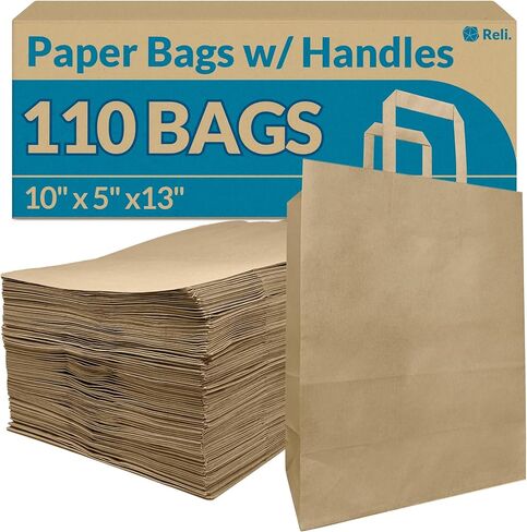 Reli. 10x5x13 in. Brown Paper Bags with Handles | 110 Pack | Kraft Paper Shopping Bags with Flat Handles Bulk | Ideal for Gifts, Retail, Shopping, Merchandise, Take Out/To Go, Party, Crafts in Kuwait
