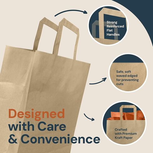 Reli. 10x5x13 in. Brown Paper Bags with Handles | 110 Pack | Kraft Paper Shopping Bags with Flat Handles Bulk | Ideal for Gifts, Retail, Shopping, Merchandise, Take Out/To Go, Party, Crafts in Kuwait