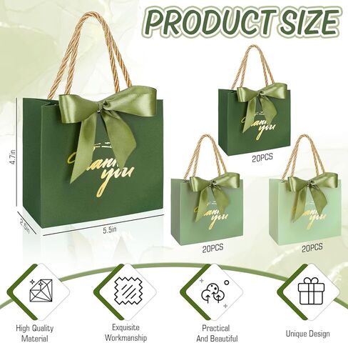 Whaline 60Pcs Thank You Paper Gift Bags with Bow Gradient Sage Green Party Favor Bags with Handles for Wedding Bridal Baby Shower Birthday Party in Kuwait