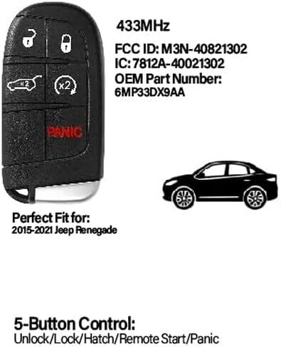 Replacement for Jeep Renegade Key Fob Remote Control 2015 2016 2017 2018 2019 2020 2021 5 Buttons 433MHz M3N-40821302,Black in Kuwait