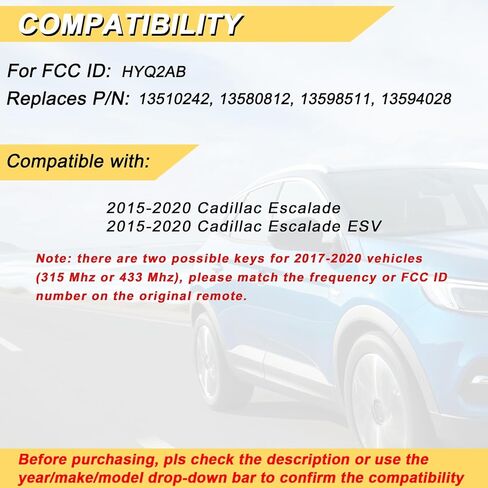 استبدال Vurkcy Key Fob لـ 2015-2020 Cadillac Escalade/Escalade ESV جهاز التحكم عن بعد للدخول بدون مفتاح للسيارة، HYQ2AB، 6 أزرار، قطعتان in Saudi Arabia